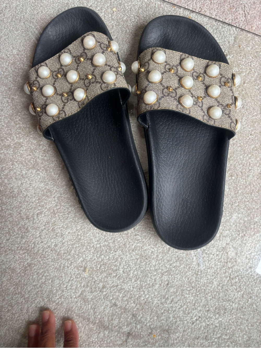 Gucci Black Slides with Pearl-Studded Monogram Straps - Picture 3 of 4